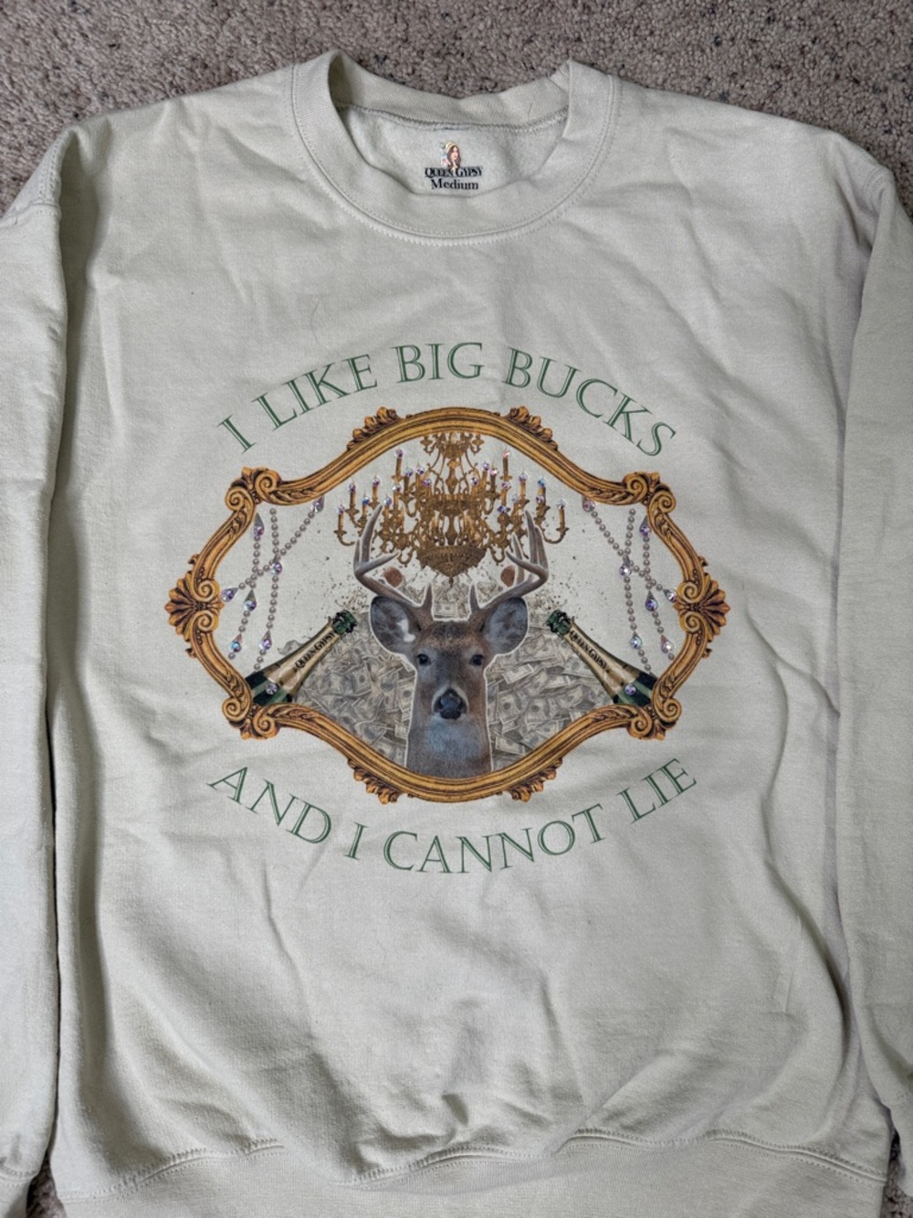 Queen Gypsy jeweled  Crewneck Sweatshirt with Green Text and Multi-Color Deer M